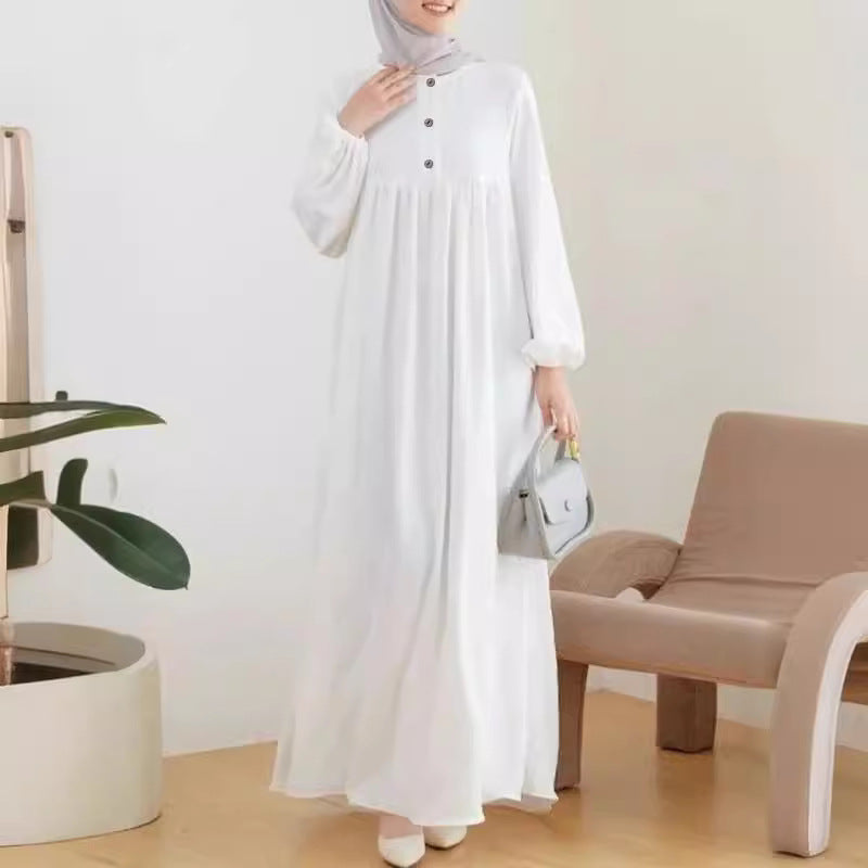 Muslim Women's Robe Fashion Casual Bubble Sleeve Simple Loose Solid Color Dress