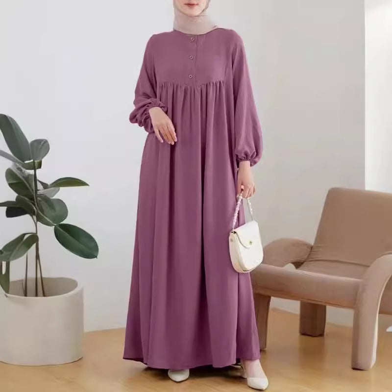 Muslim Women's Robe Fashion Casual Bubble Sleeve Simple Loose Solid Color Dress
