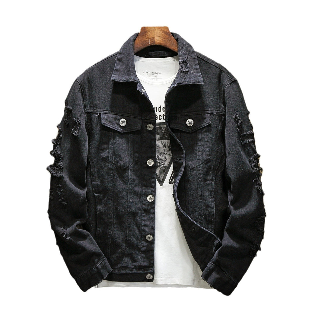 2024 Autumn New Men's Denim Jacket Casual Japanese Style Flat Lapel Hole Single Breasted Cardigan Couple Large Jacket