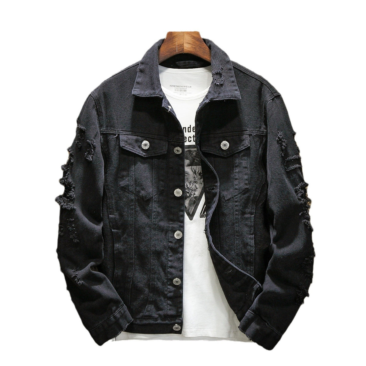 2024 Autumn New Men's Denim Jacket Casual Japanese Style Flat Lapel Hole Single Breasted Cardigan Couple Large Jacket