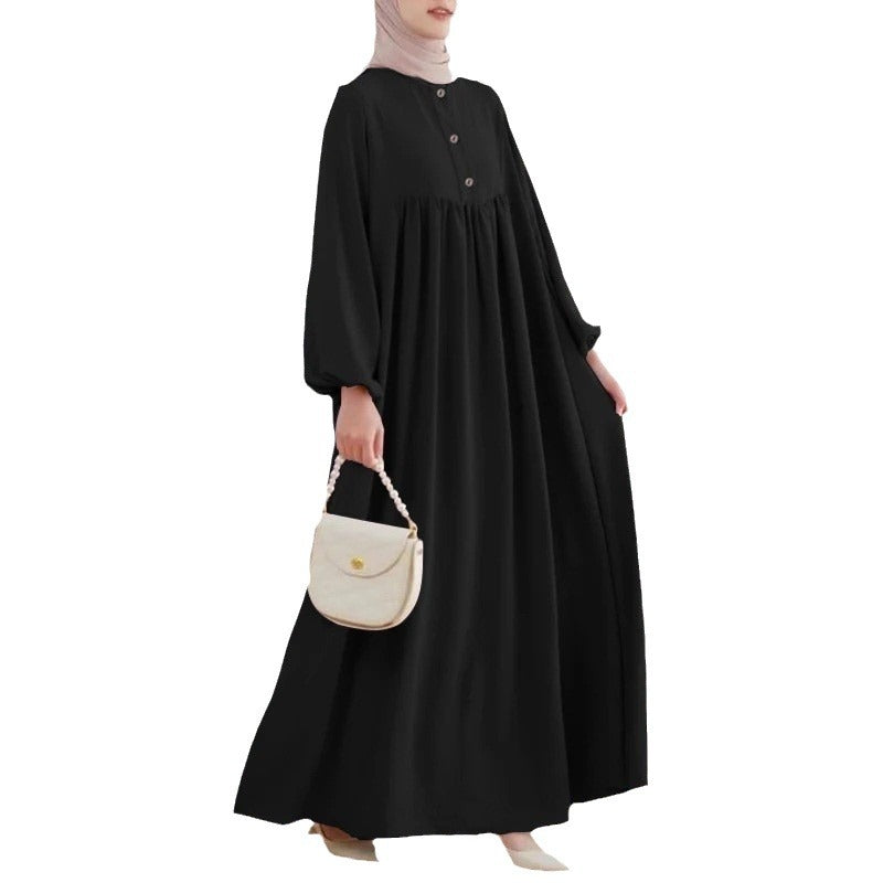 Muslim Women's Robe Fashion Casual Bubble Sleeve Simple Loose Solid Color Dress