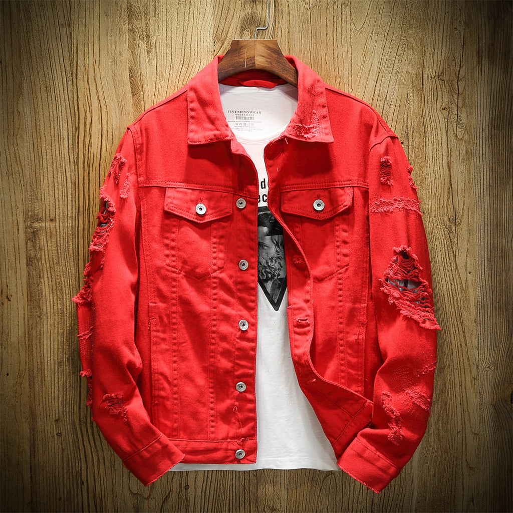 2024 Autumn New Men's Denim Jacket Casual Japanese Style Flat Lapel Hole Single Breasted Cardigan Couple Large Jacket