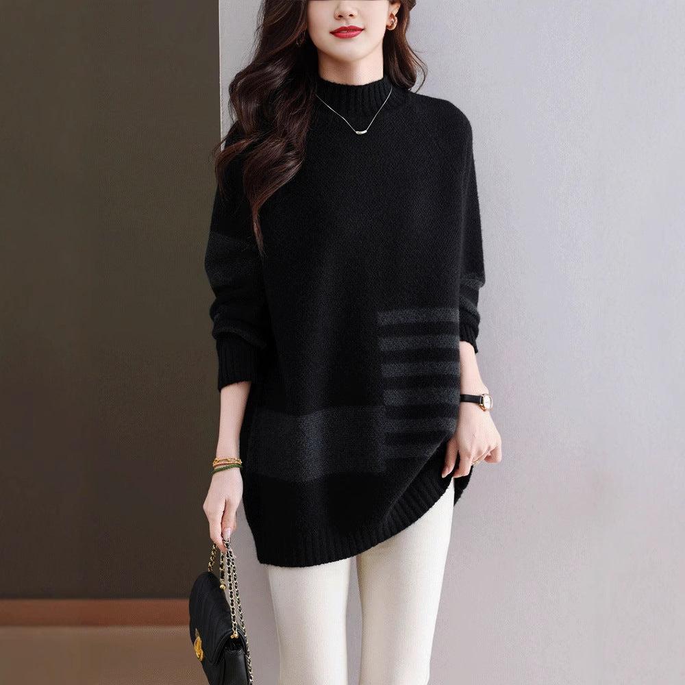 Plus-Size Autumn And Winter Color-Blocked Wool Sweater For Women, Half-High Collar, Mid-Length Wool Knit Base Sweater