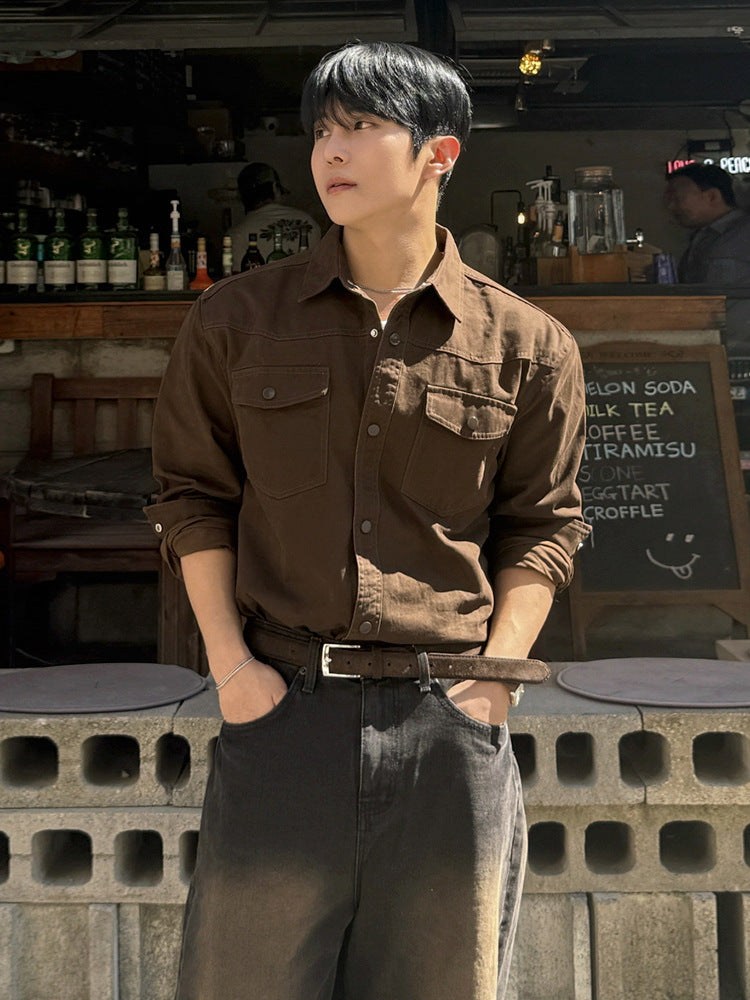 Myq Retro Style Workwear Long-Sleeved Shirt Men's 2026 Spring New Casual Shirt Korean Style Work Clothing Jacket