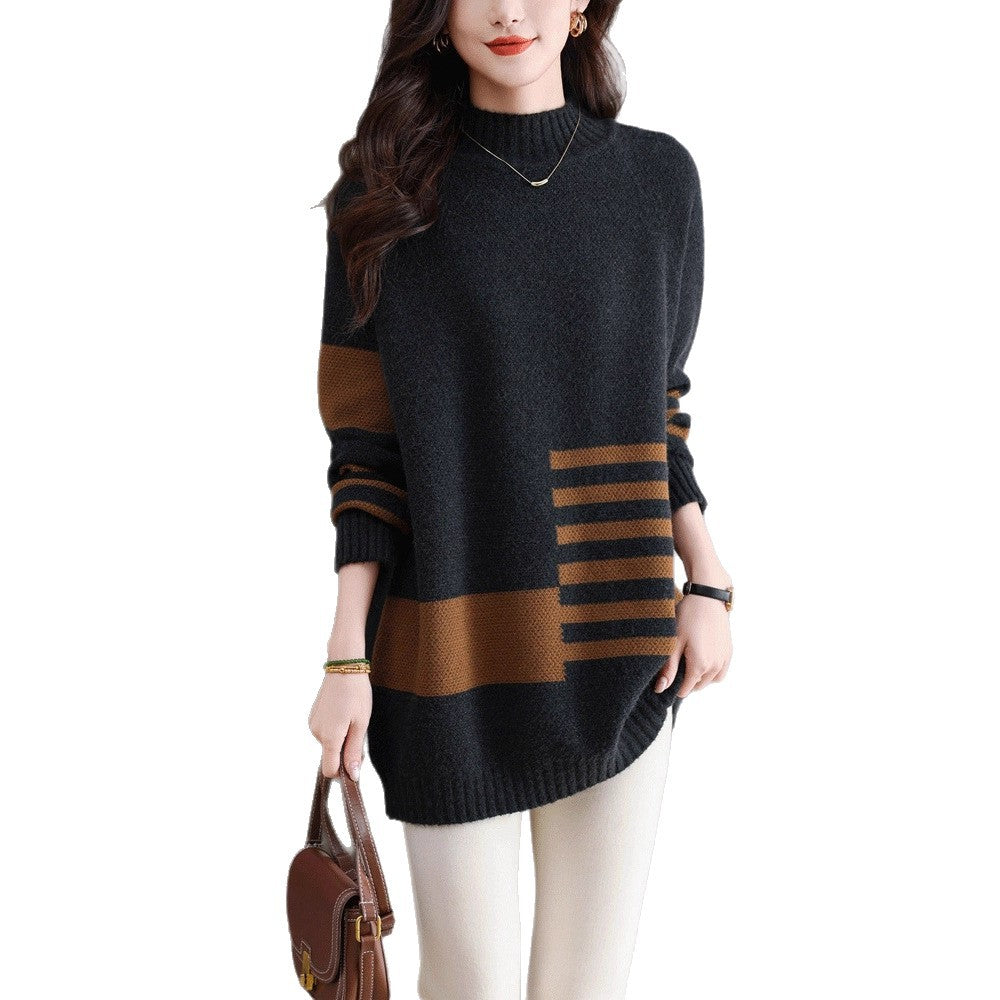 Plus-Size Autumn And Winter Color-Blocked Wool Sweater For Women, Half-High Collar, Mid-Length Wool Knit Base Sweater