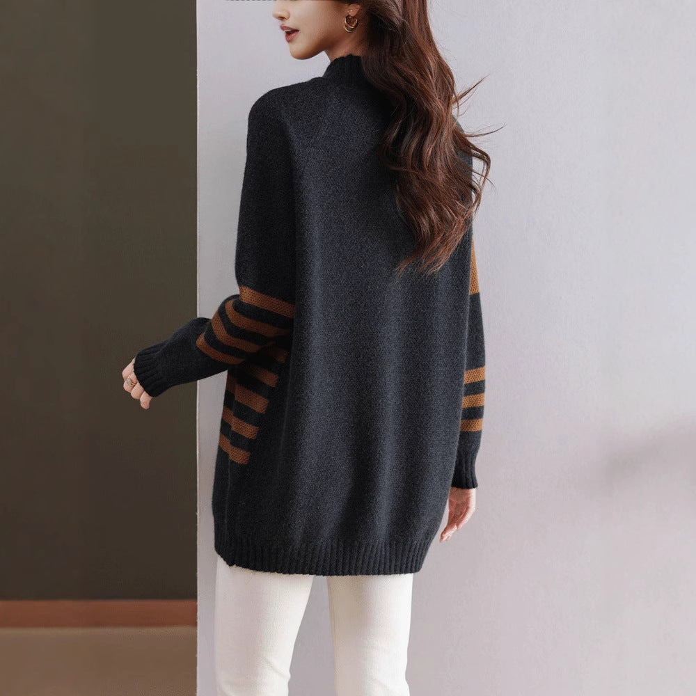 Plus-Size Autumn And Winter Color-Blocked Wool Sweater For Women, Half-High Collar, Mid-Length Wool Knit Base Sweater