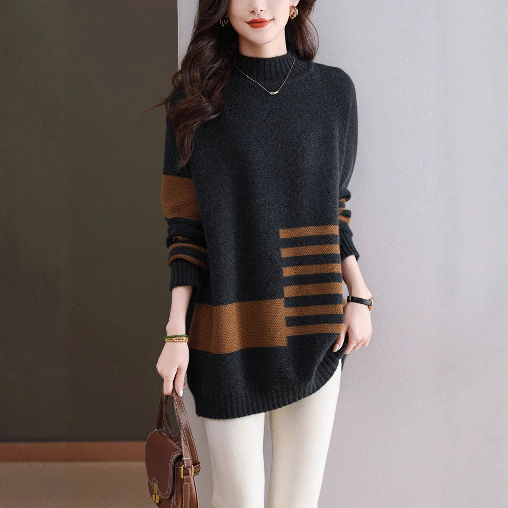 Plus-Size Autumn And Winter Color-Blocked Wool Sweater For Women, Half-High Collar, Mid-Length Wool Knit Base Sweater
