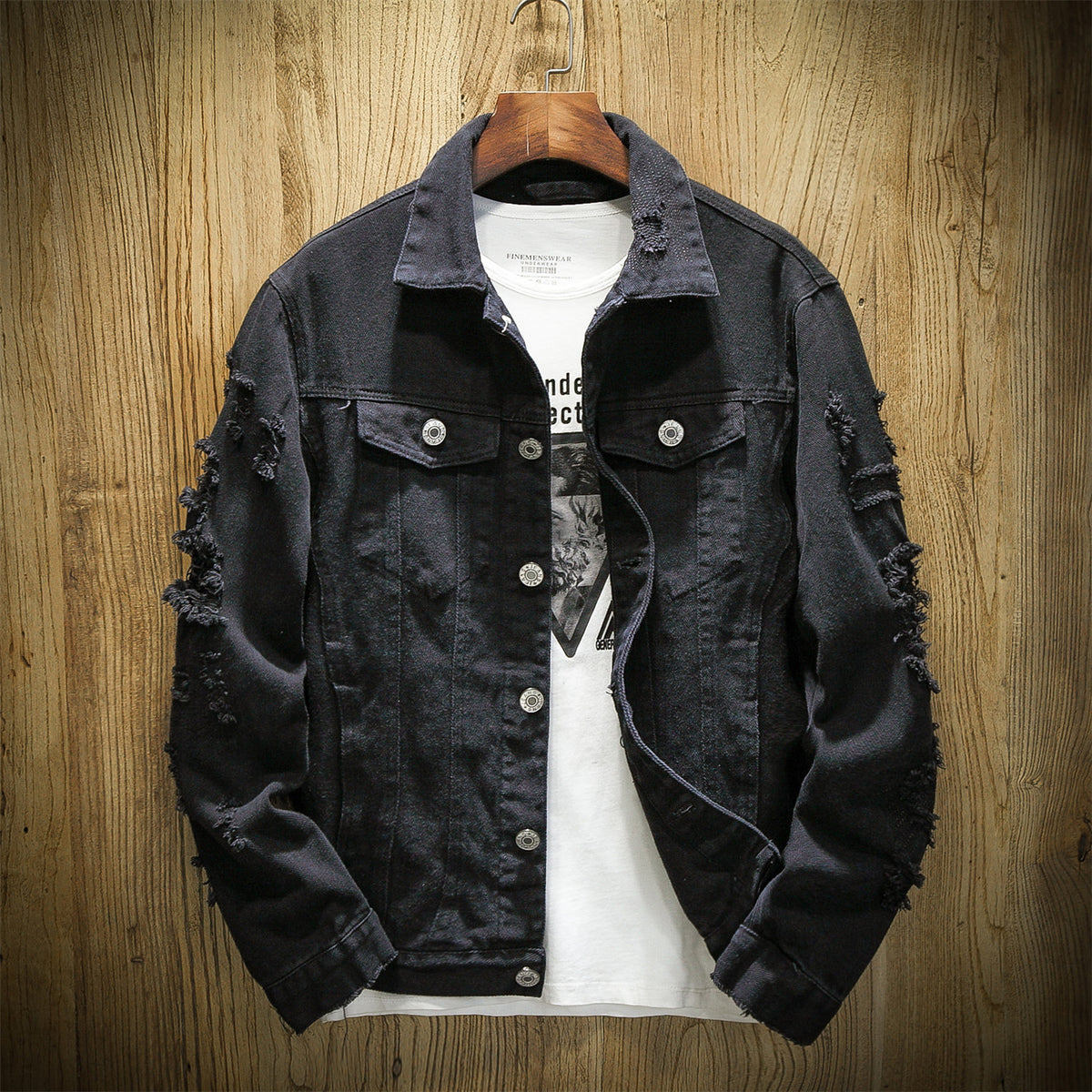 2024 Autumn New Men's Denim Jacket Casual Japanese Style Flat Lapel Hole Single Breasted Cardigan Couple Large Jacket