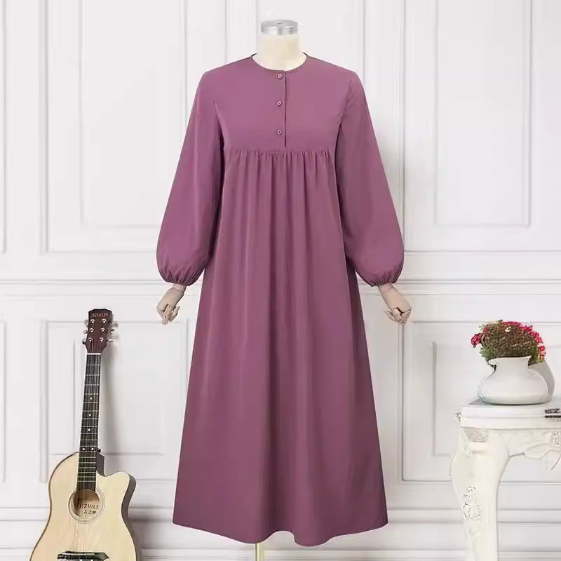 Muslim Women's Robe Fashion Casual Bubble Sleeve Simple Loose Solid Color Dress