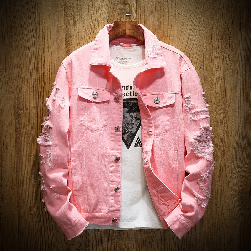 2024 Autumn New Men's Denim Jacket Casual Japanese Style Flat Lapel Hole Single Breasted Cardigan Couple Large Jacket
